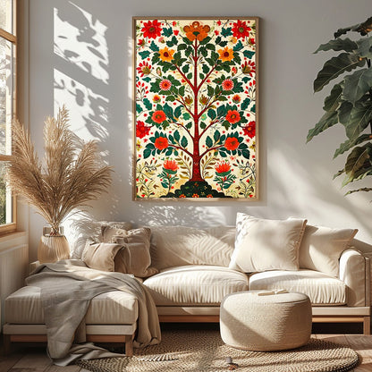 This exquisite artwork portrays a radiant tree of life adorned with lush floral patterns. The for Sitting Area