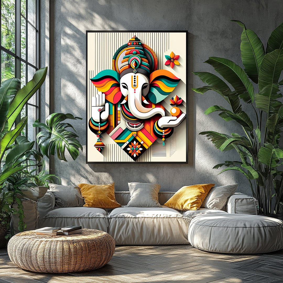 Infuse your space with color and spirituality with this captivating Ganesh abstract artwork. The for Balcony