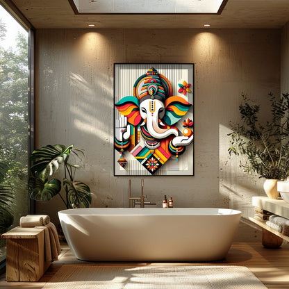 Infuse your space with color and spirituality with this captivating Ganesh abstract artwork. The for Bathroom