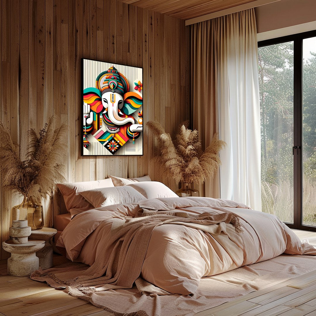 Infuse your space with color and spirituality with this captivating Ganesh abstract artwork. The for Bedroom