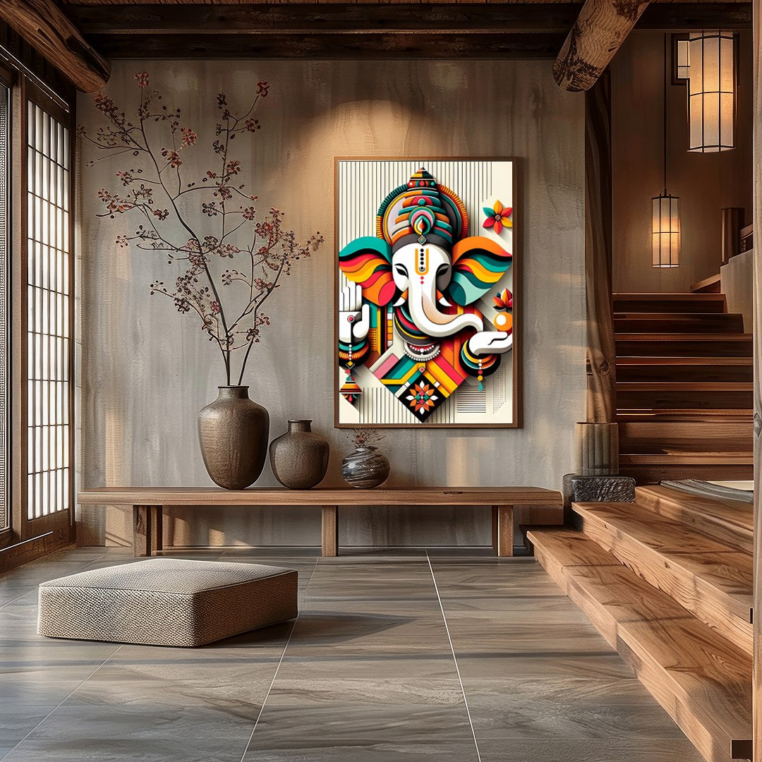 Infuse your space with color and spirituality with this captivating Ganesh abstract artwork. The for Hall