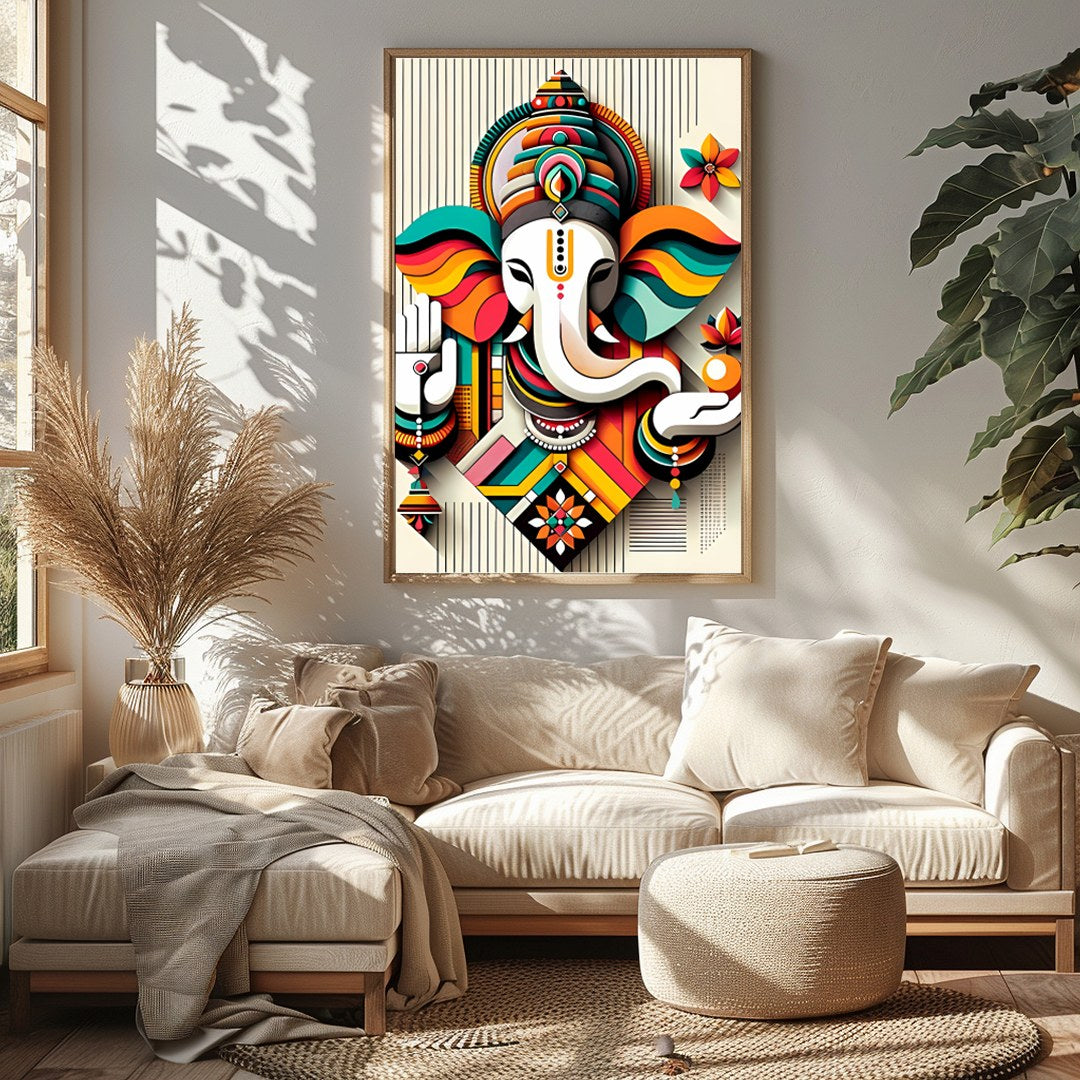 Infuse your space with color and spirituality with this captivating Ganesh abstract artwork. The for Sitting Area