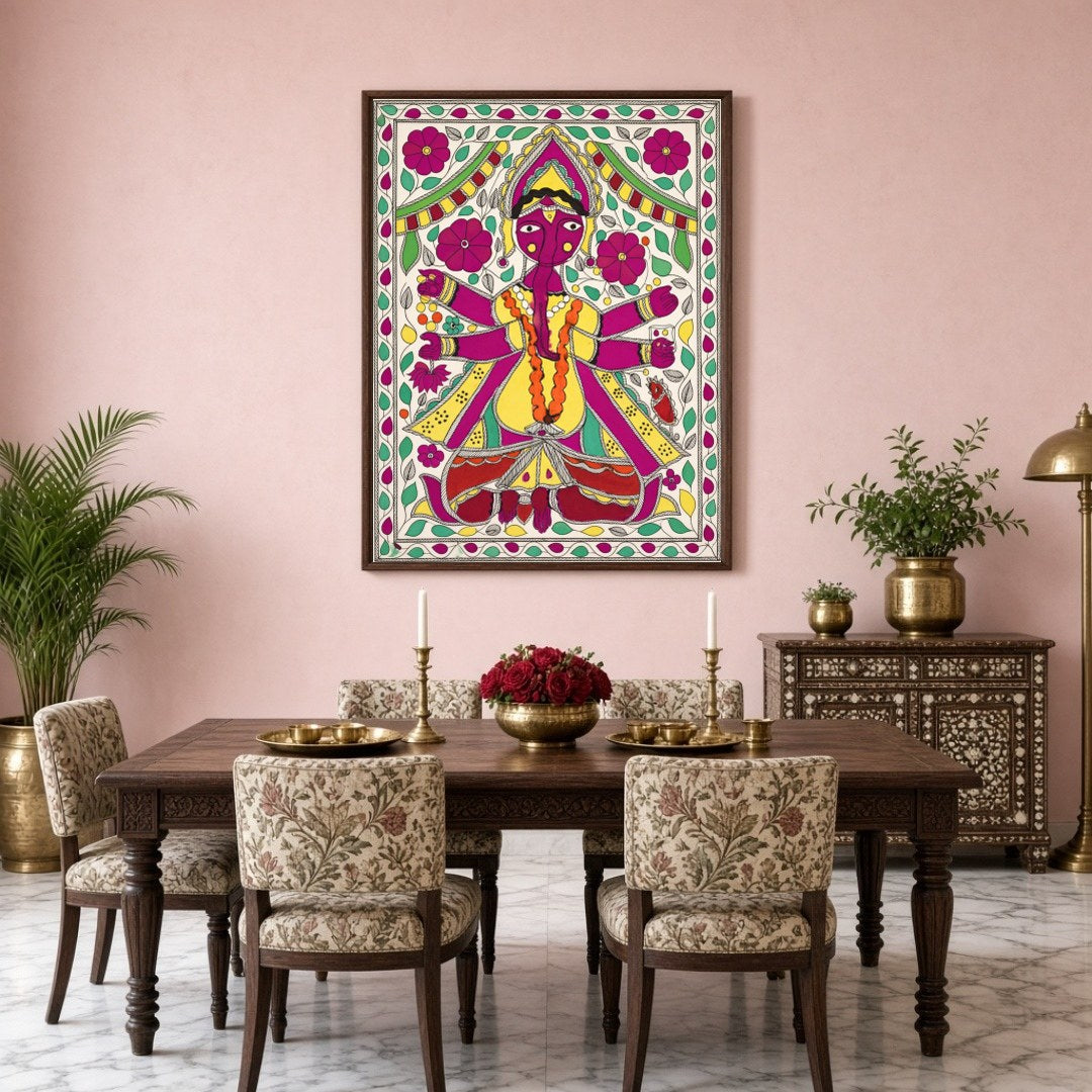 This exquisite artwork captures the essence of Lord Ganesha enveloped in a dynamic floral motif, for Dining