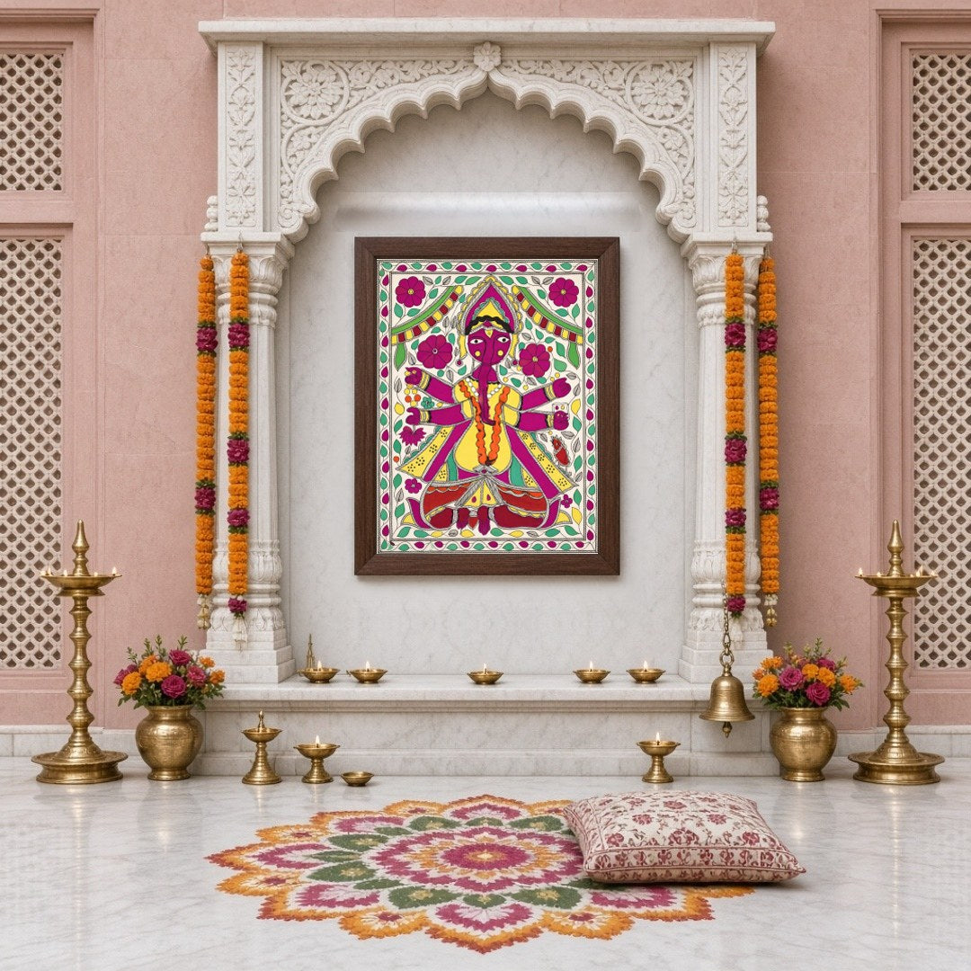 This exquisite artwork captures the essence of Lord Ganesha enveloped in a dynamic floral motif, for Home Temple