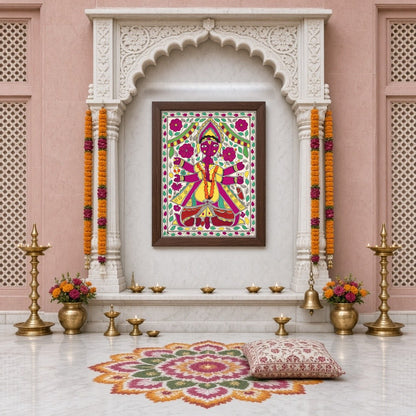 This exquisite artwork captures the essence of Lord Ganesha enveloped in a dynamic floral motif, for Home Temple