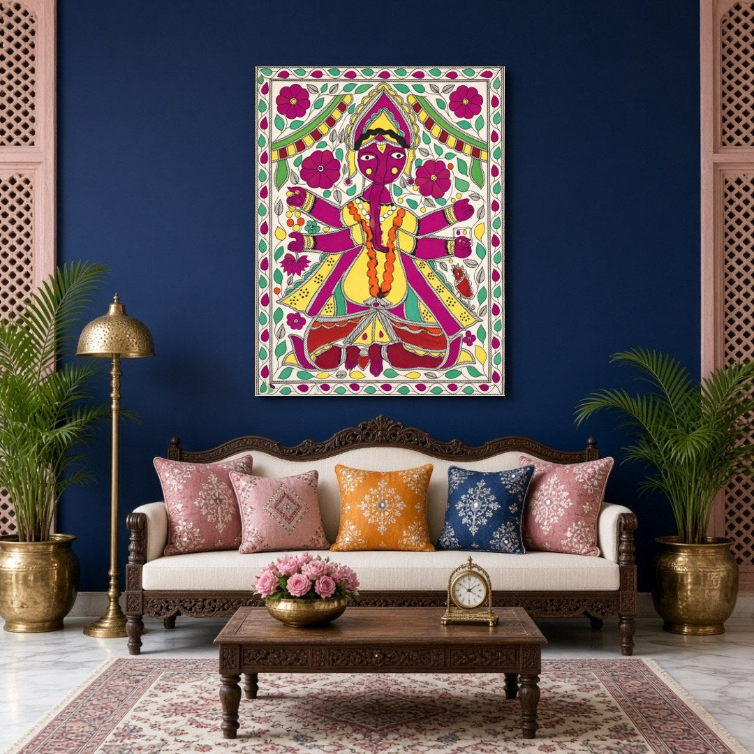 This exquisite artwork captures the essence of Lord Ganesha enveloped in a dynamic floral motif, for Living Room