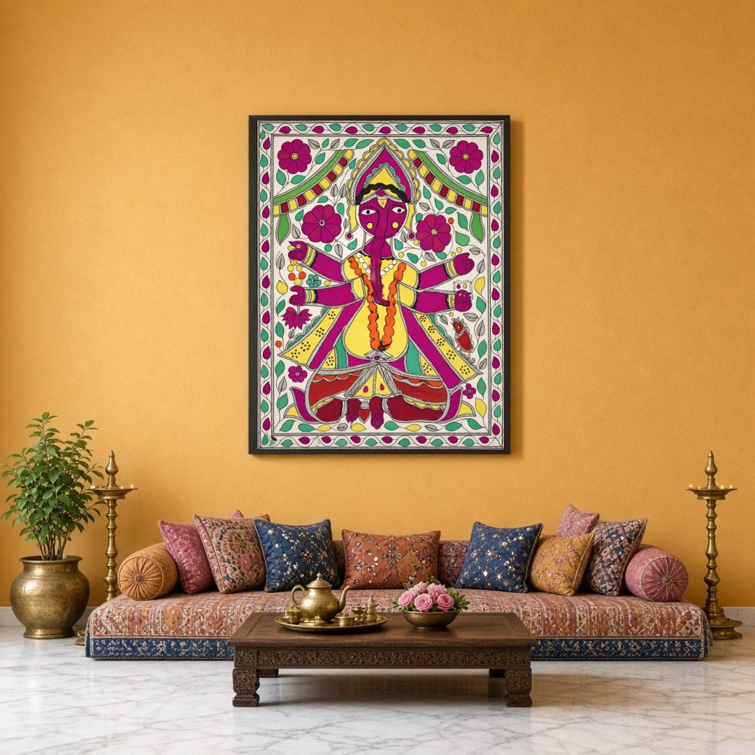 This exquisite artwork captures the essence of Lord Ganesha enveloped in a dynamic floral motif, for Sitting Lounge