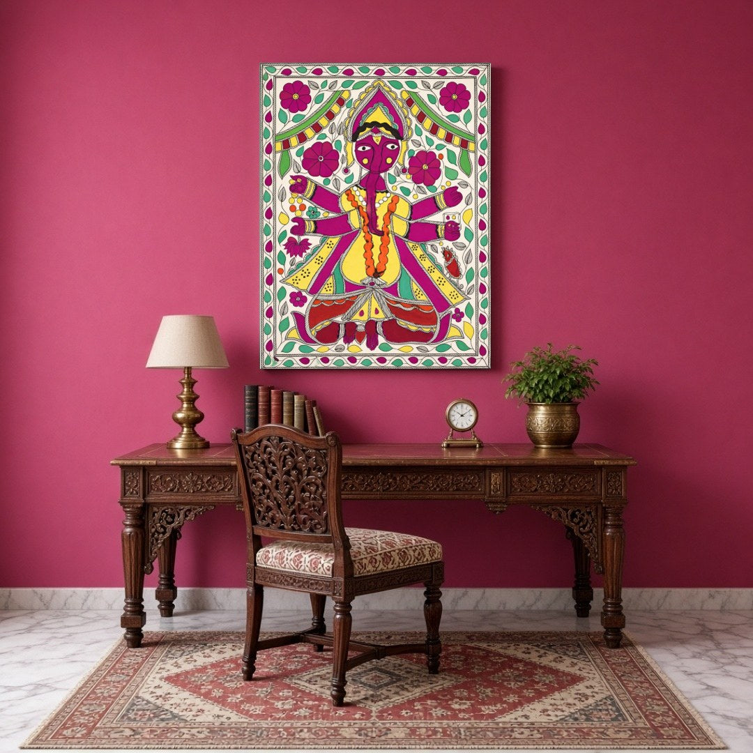This exquisite artwork captures the essence of Lord Ganesha enveloped in a dynamic floral motif, for Study