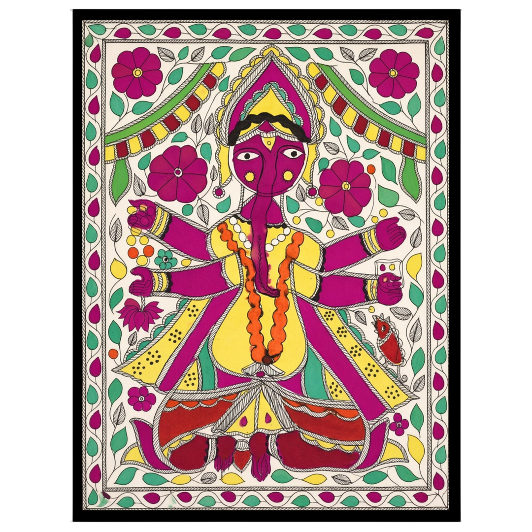 This exquisite artwork captures the essence of Lord Ganesha enveloped in a dynamic floral motif, for sweet-home