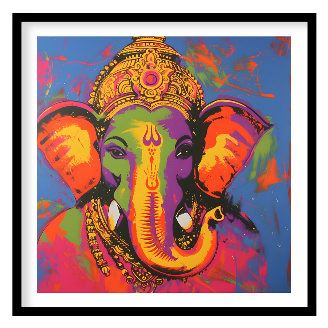 This stunning artwork captures the essence of Ganesha in a vibrant palette of colors. The intricate for abode