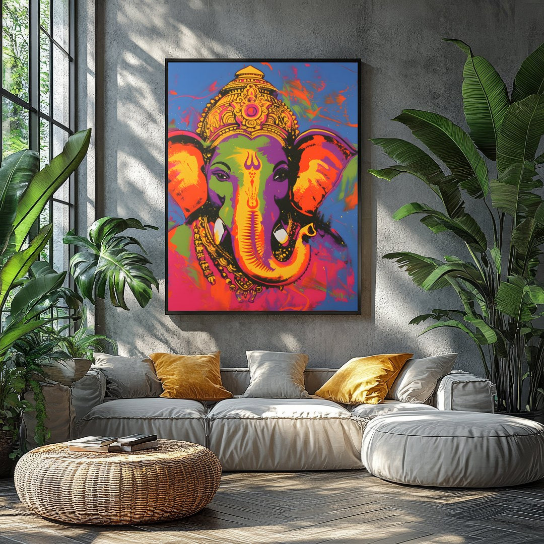 This stunning artwork captures the essence of Ganesha in a vibrant palette of colors. The intricate for Balcony