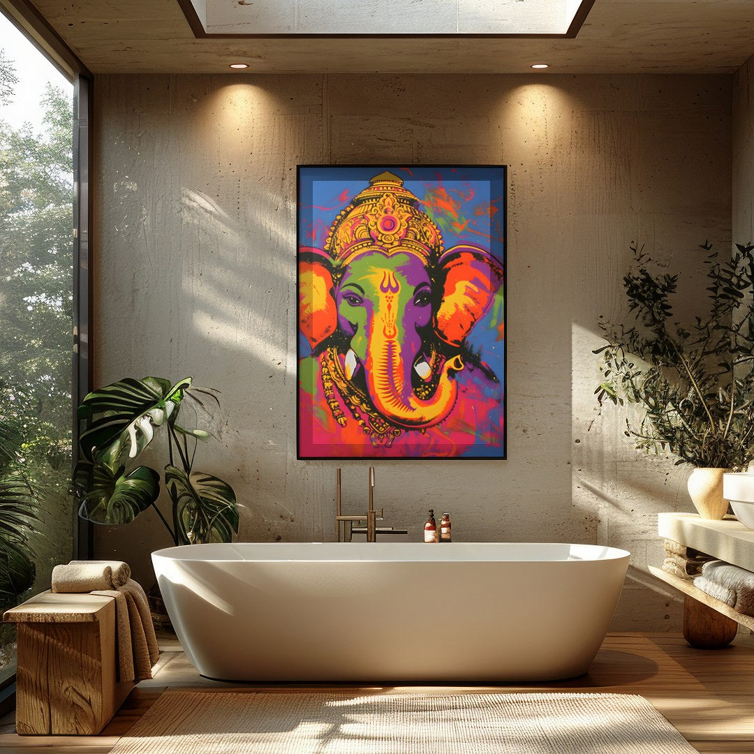 This stunning artwork captures the essence of Ganesha in a vibrant palette of colors. The intricate for Bathroom