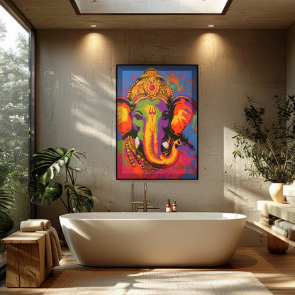 This stunning artwork captures the essence of Ganesha in a vibrant palette of colors. The intricate for Bathroom