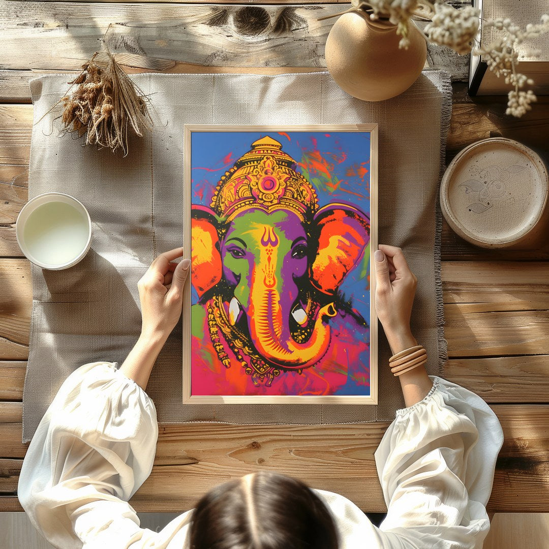 This stunning artwork captures the essence of Ganesha in a vibrant palette of colors. The intricate for decor