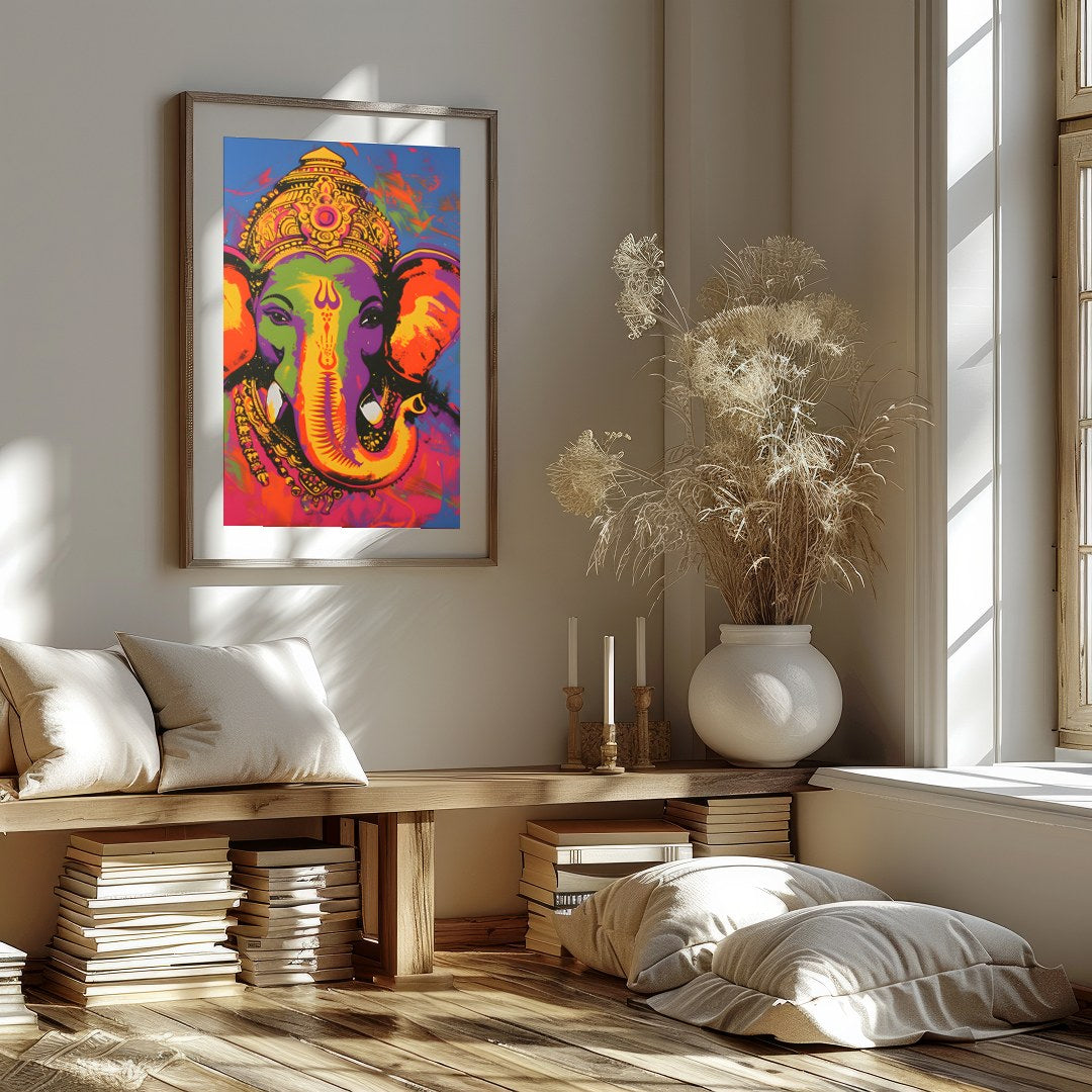 This stunning artwork captures the essence of Ganesha in a vibrant palette of colors. The intricate for interior
