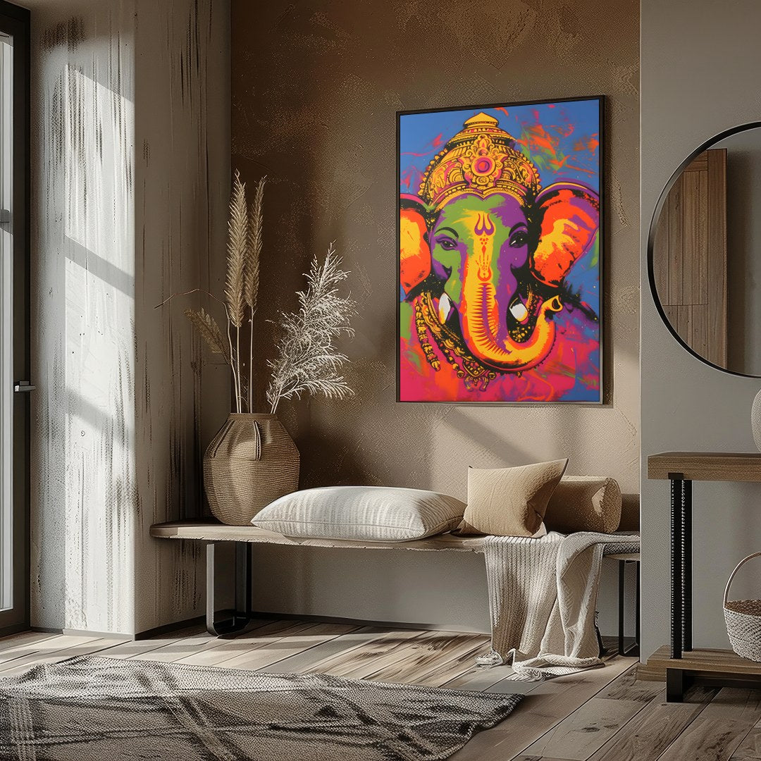 This stunning artwork captures the essence of Ganesha in a vibrant palette of colors. The intricate for kitchen