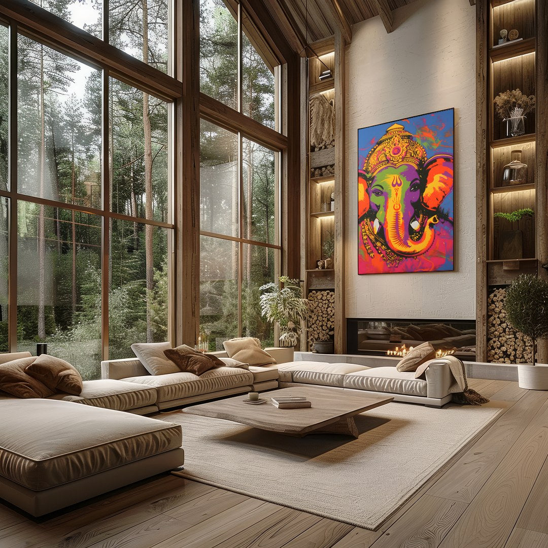 This stunning artwork captures the essence of Ganesha in a vibrant palette of colors. The intricate for Living Room