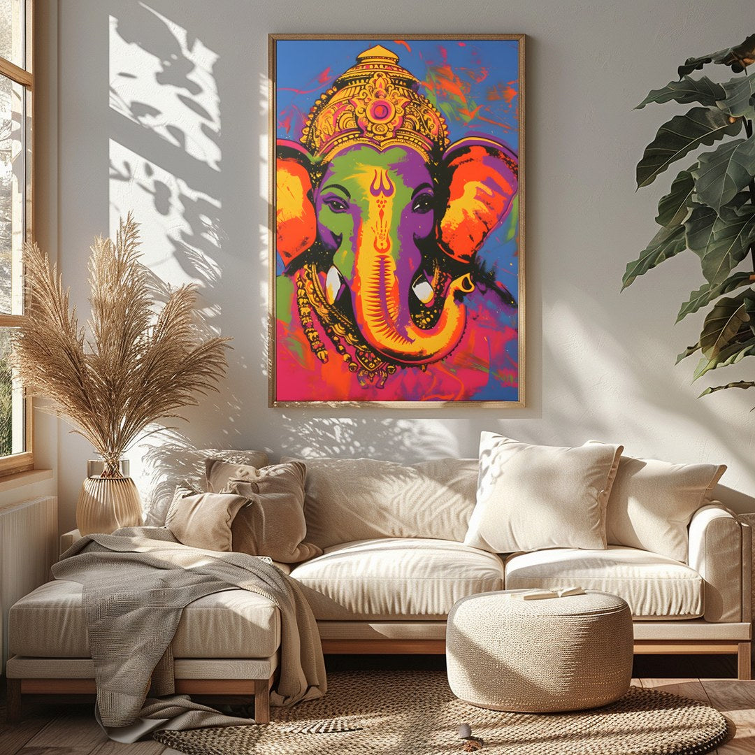 This stunning artwork captures the essence of Ganesha in a vibrant palette of colors. The intricate for Sitting Area