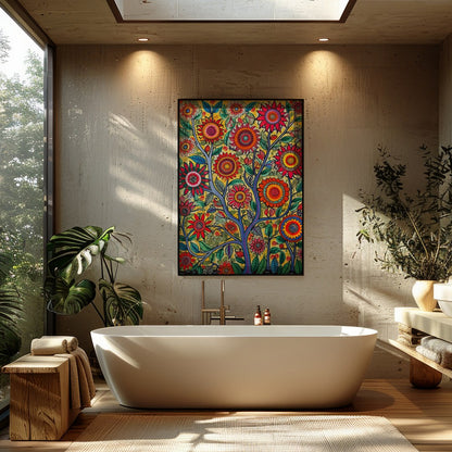 Immerse yourself in the lively dynamism of 'Vibrant Garden Blossom.' This stunning piece captures a for Bathroom
