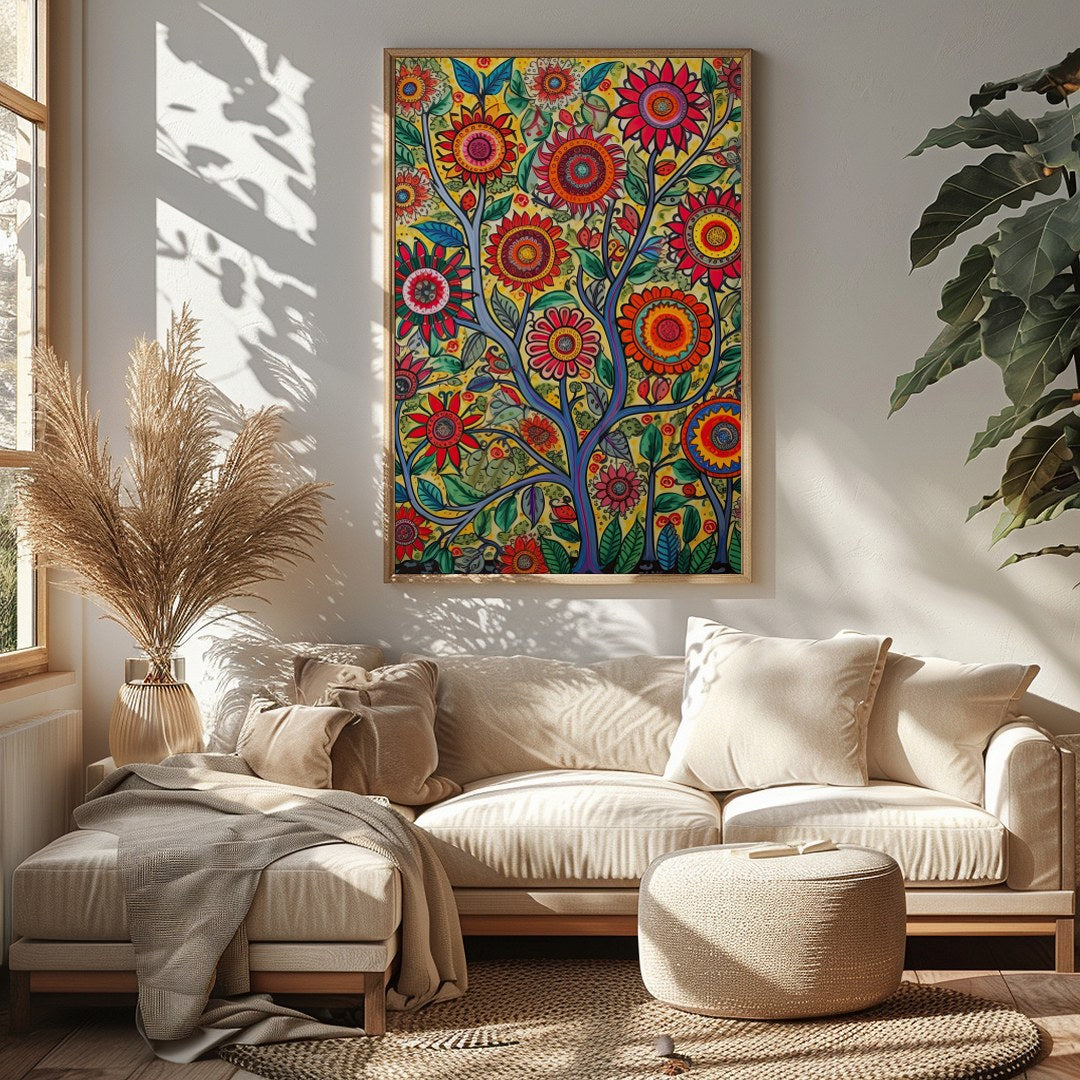 Immerse yourself in the lively dynamism of 'Vibrant Garden Blossom.' This stunning piece captures a for Sitting Area