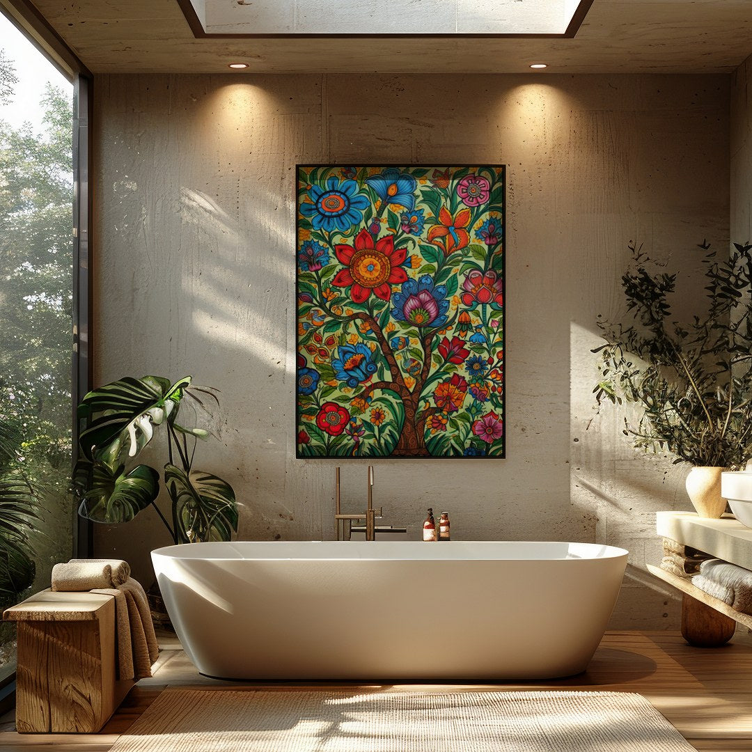 Immerse yourself in a captivating garden of vibrant hues with this exquisite artwork. A rich for Bathroom