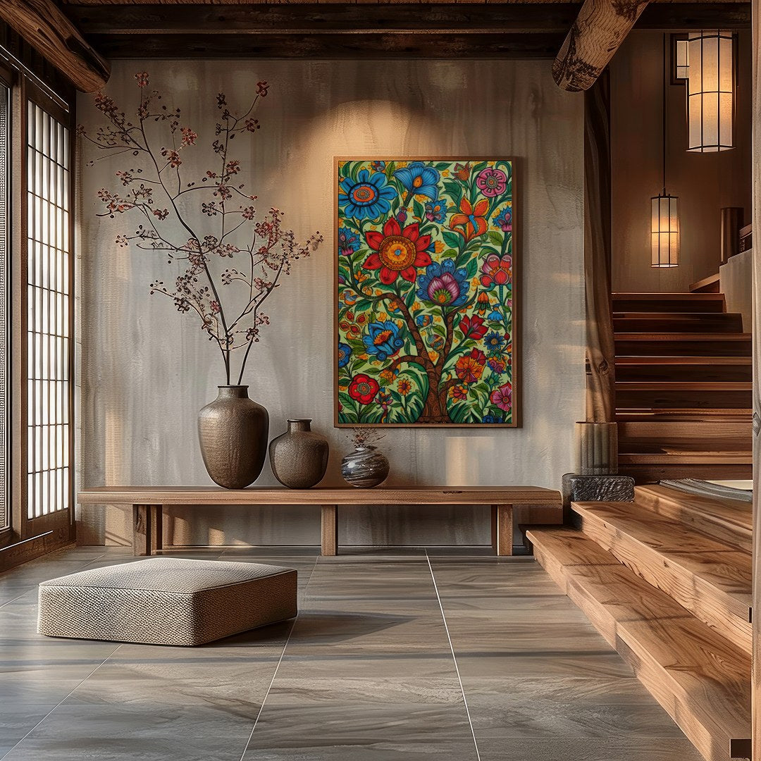 Immerse yourself in a captivating garden of vibrant hues with this exquisite artwork. A rich for Hall