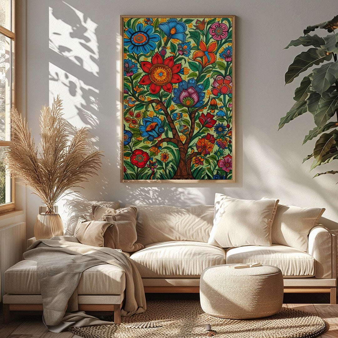 Immerse yourself in a captivating garden of vibrant hues with this exquisite artwork. A rich for Sitting Area