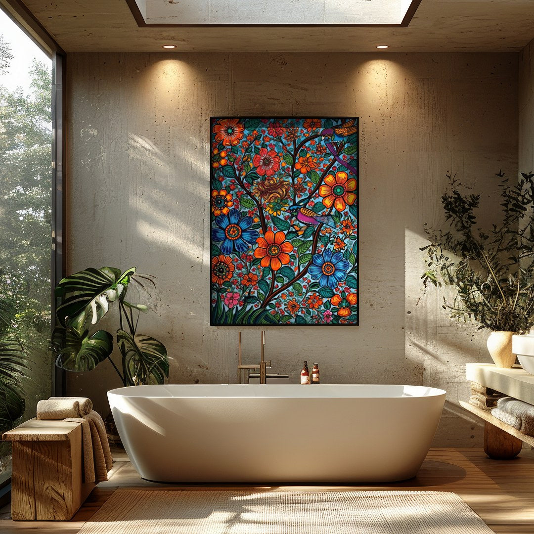 Immerse yourself in the vivid allure of 'Vibrant Garden Symphony,' a masterpiece that brings nature for Bathroom
