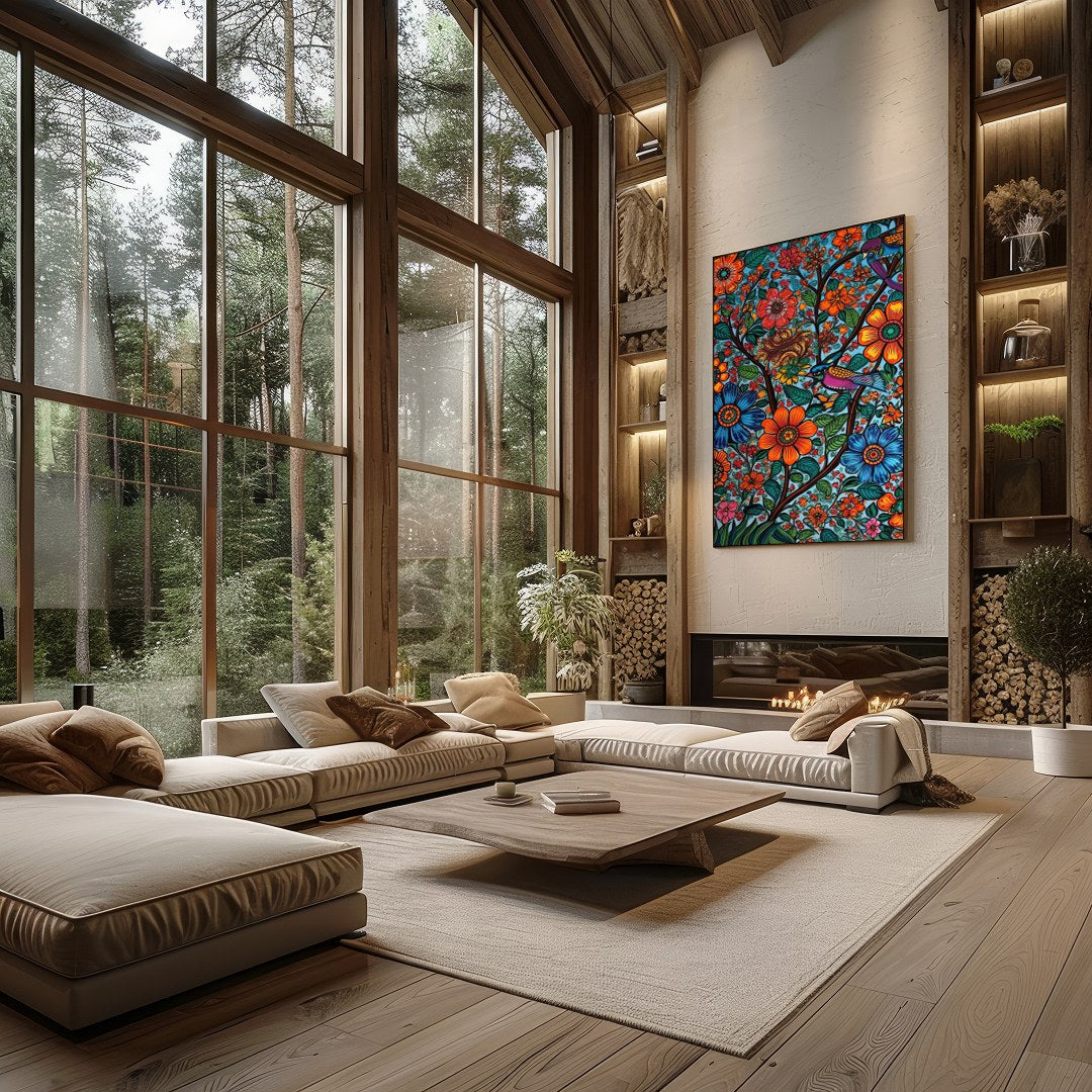 Immerse yourself in the vivid allure of 'Vibrant Garden Symphony,' a masterpiece that brings nature for Living Room
