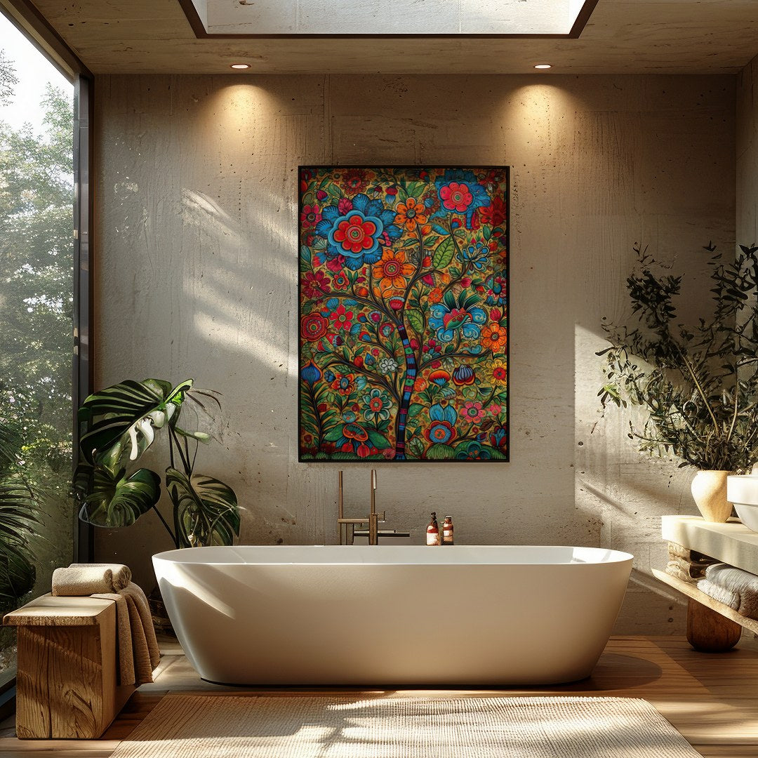 Experience the vivid charm of a whimsical garden brought to life in intricate detail. This artwork for Bathroom