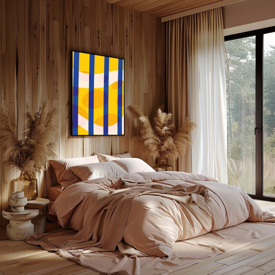 Immerse yourself in a vibrant geometric symphony that captivates with its bold colors and dynamic for Bedroom