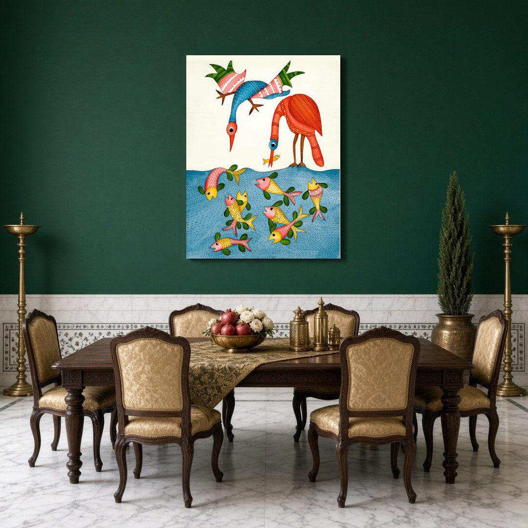 Immerse yourself in the enchanting world of Gond art with this vibrant and intricately detailed for Dining
