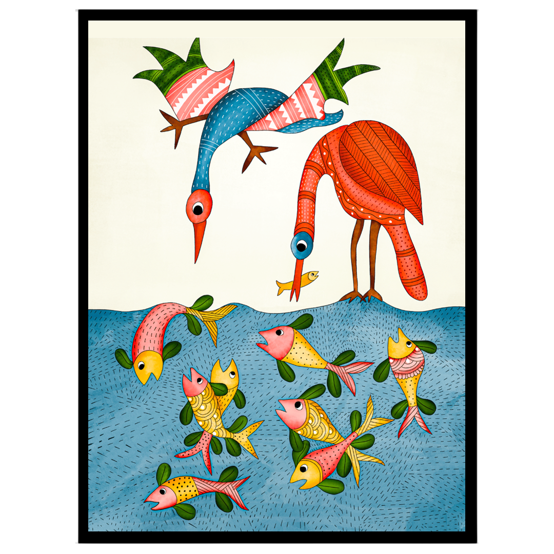 Immerse yourself in the enchanting world of Gond art with this vibrant and intricately detailed for interior