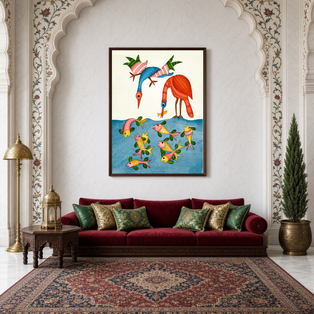 Immerse yourself in the enchanting world of Gond art with this vibrant and intricately detailed for Living Room