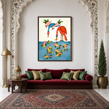 Immerse yourself in the enchanting world of Gond art with this vibrant and intricately detailed for Living Room