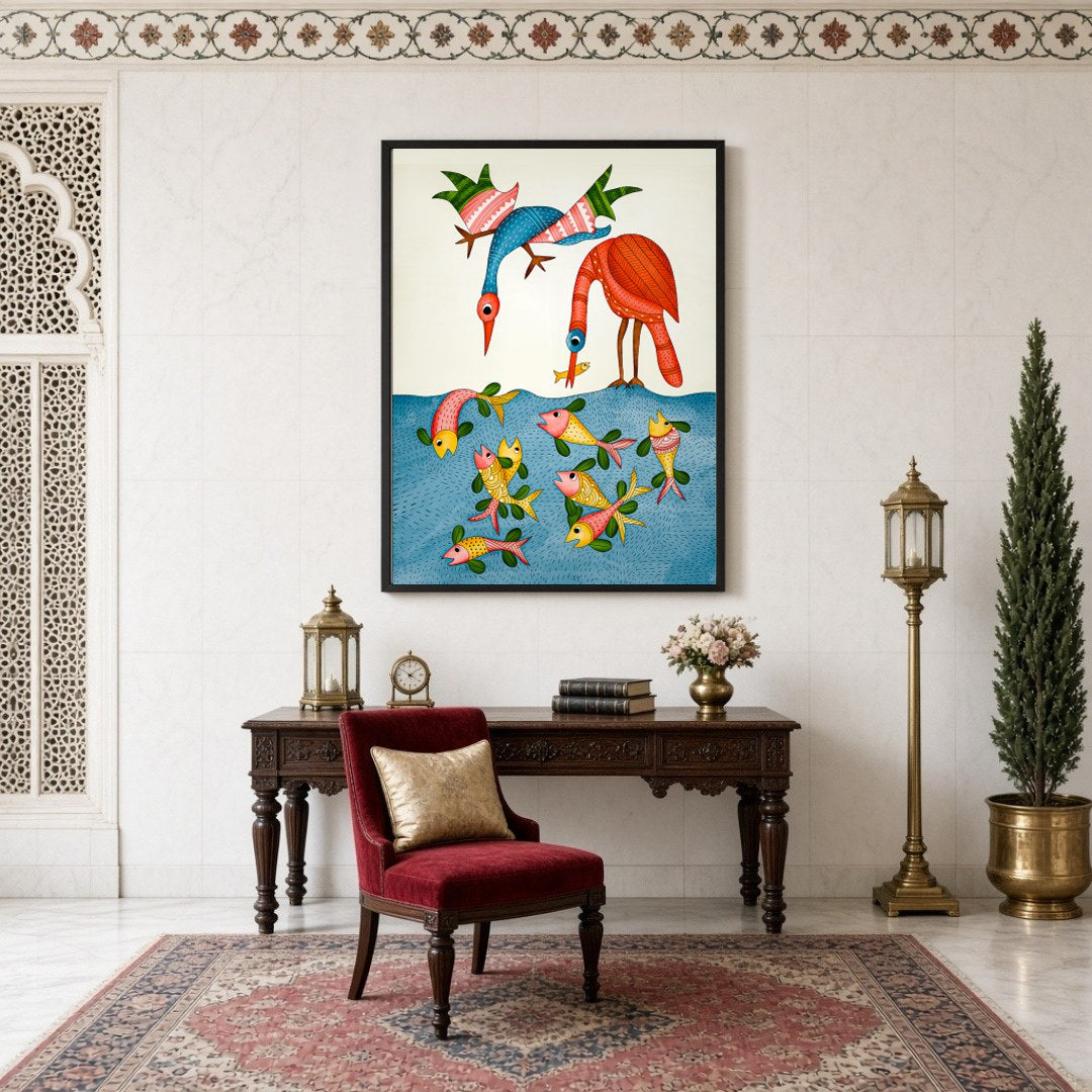 Immerse yourself in the enchanting world of Gond art with this vibrant and intricately detailed for Study