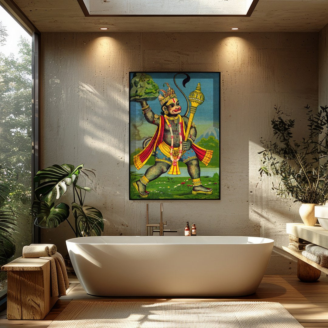 This striking artwork features Lord Hanuman, depicted with intricate detailing and vivid colors. for Bathroom
