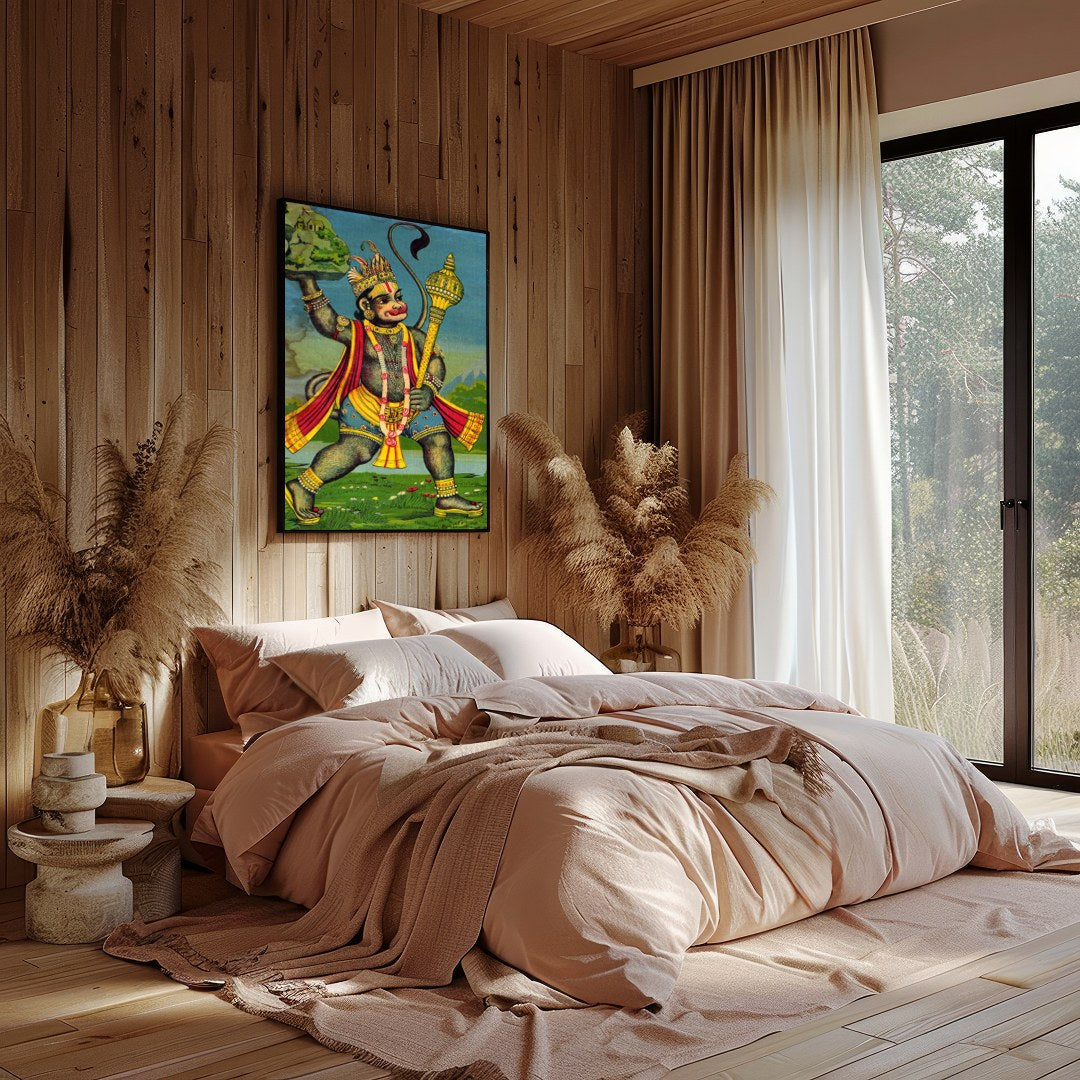 This striking artwork features Lord Hanuman, depicted with intricate detailing and vivid colors. for Bedroom