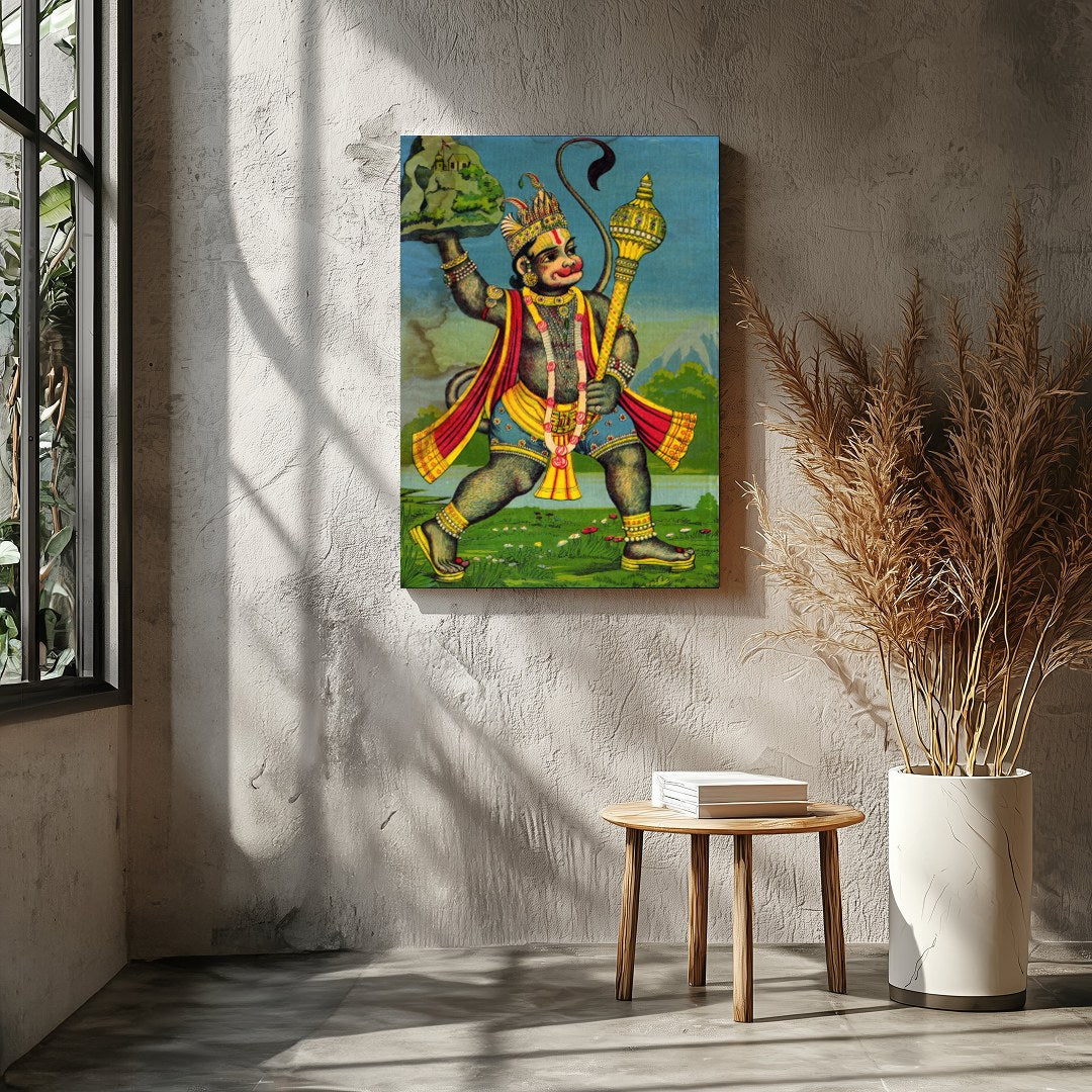 This striking artwork features Lord Hanuman, depicted with intricate detailing and vivid colors. for Entrance