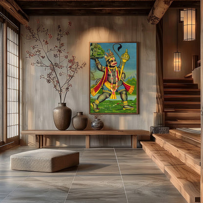 This striking artwork features Lord Hanuman, depicted with intricate detailing and vivid colors. for Hall