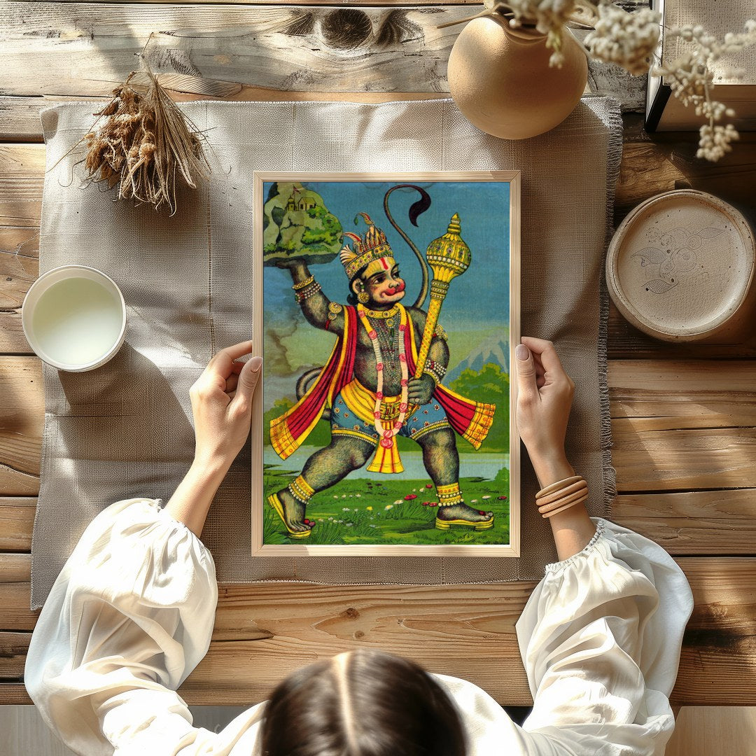 This striking artwork features Lord Hanuman, depicted with intricate detailing and vivid colors. for Kitchen