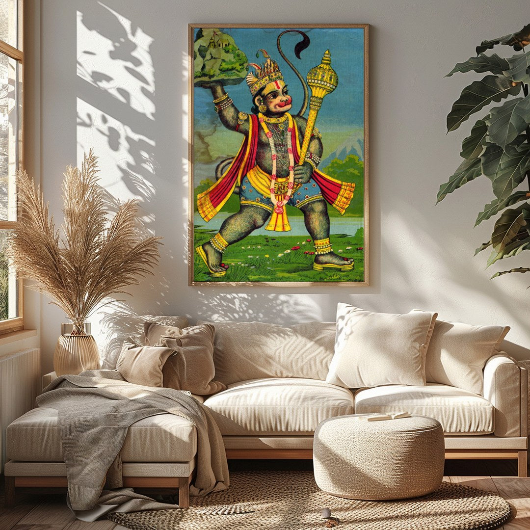 This striking artwork features Lord Hanuman, depicted with intricate detailing and vivid colors. for Sitting Area