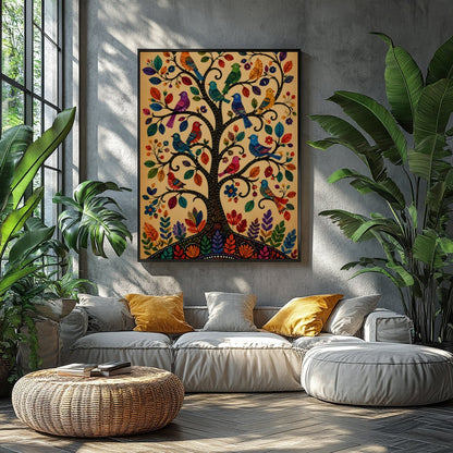 This captivating artwork showcases a tree adorned with colorful birds, each leaf and feather for Balcony