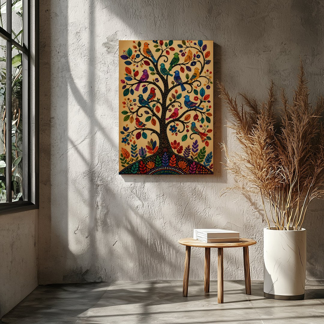 This captivating artwork showcases a tree adorned with colorful birds, each leaf and feather for Entrance