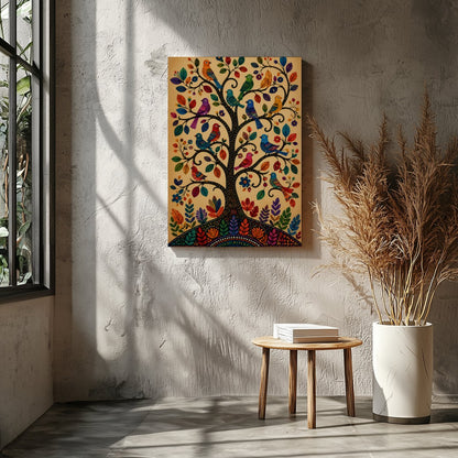 This captivating artwork showcases a tree adorned with colorful birds, each leaf and feather for Entrance