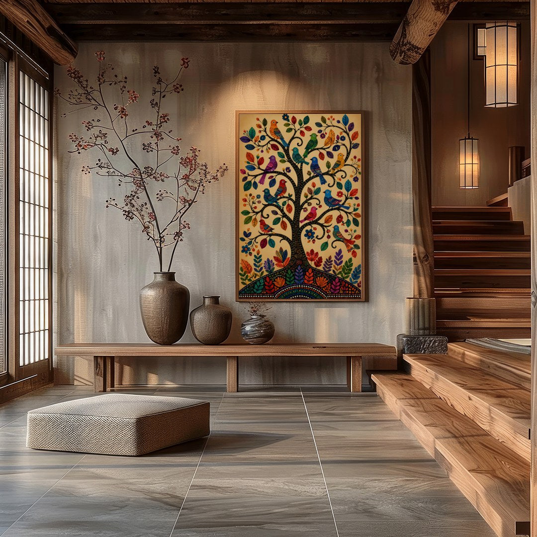 This captivating artwork showcases a tree adorned with colorful birds, each leaf and feather for Hall