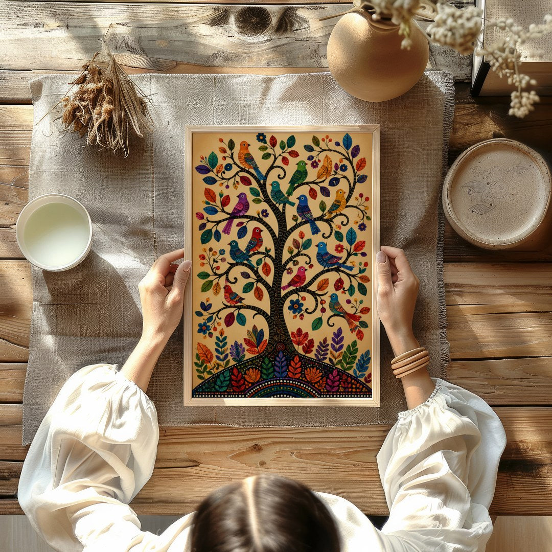 This captivating artwork showcases a tree adorned with colorful birds, each leaf and feather for Kitchen