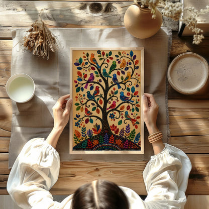 This captivating artwork showcases a tree adorned with colorful birds, each leaf and feather for Kitchen