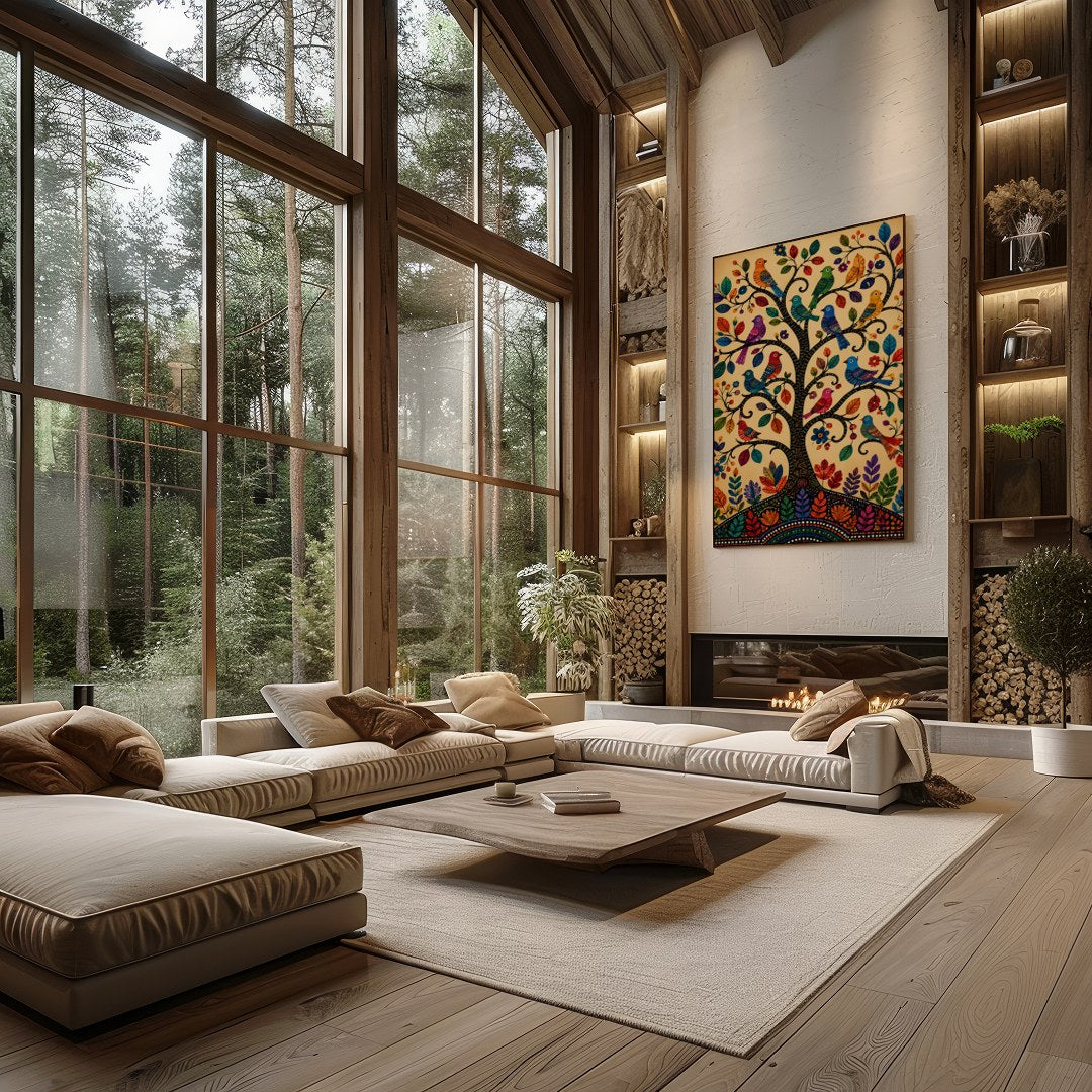 This captivating artwork showcases a tree adorned with colorful birds, each leaf and feather for Living Room