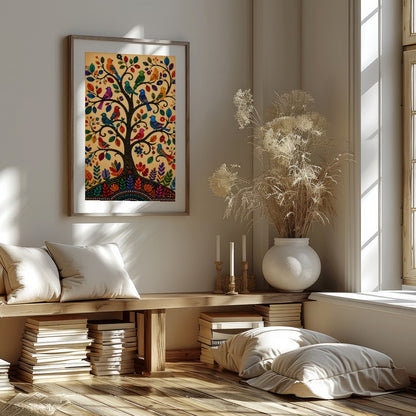 This captivating artwork showcases a tree adorned with colorful birds, each leaf and feather for place